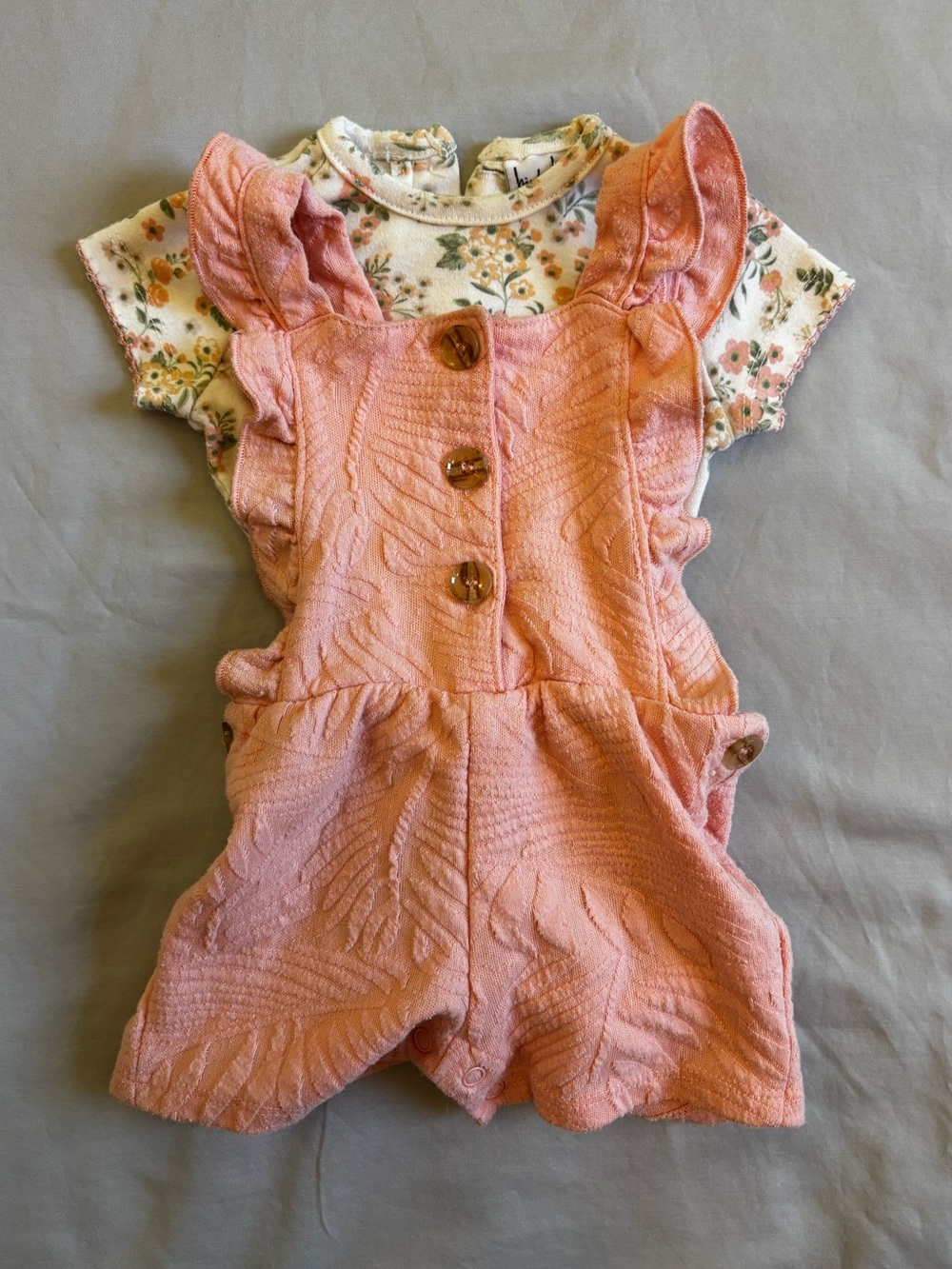 Nicole Miller Baby Girls Peach Pink Ruffle Romper Set with Floral Tee - 3-6M